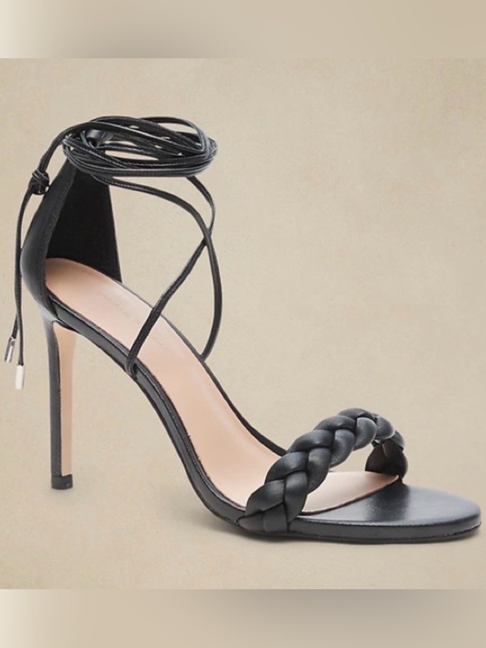 Banana Republic Treccia Black Leather Heels Braided Stilettos Lace Up Sandal 8.5